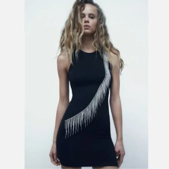 Zara Rhinestone Fringe Bodycon Mini Dress Black Sleeveless Stretch XS-S NWT - Picture 1 of 7